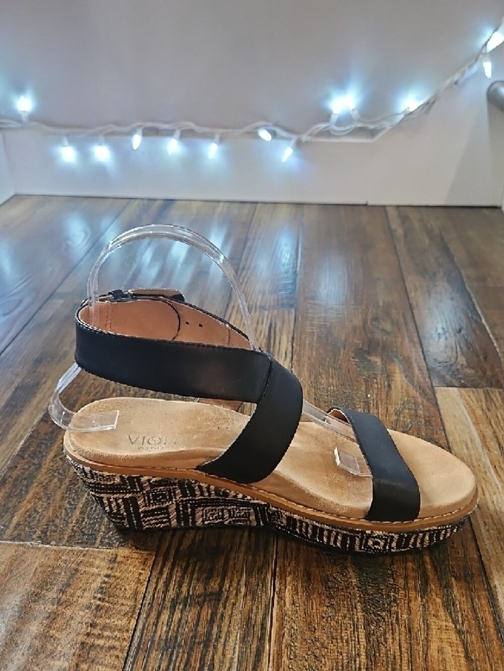Vionic Black Strappy Wedge Sandals with Patterned Espadrille Heel - Picture 3 of 13